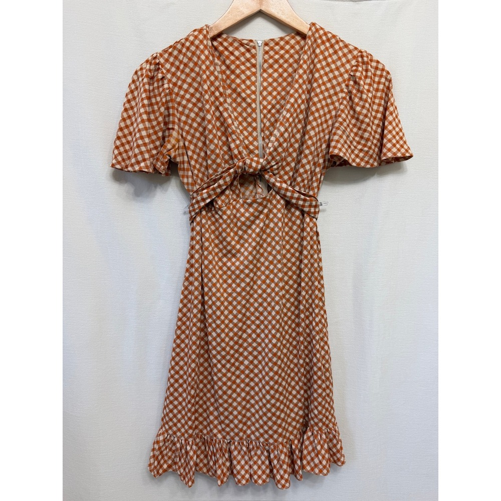 Vintage Orange White Gingham Tie Front Ruffle Mini Dress Small